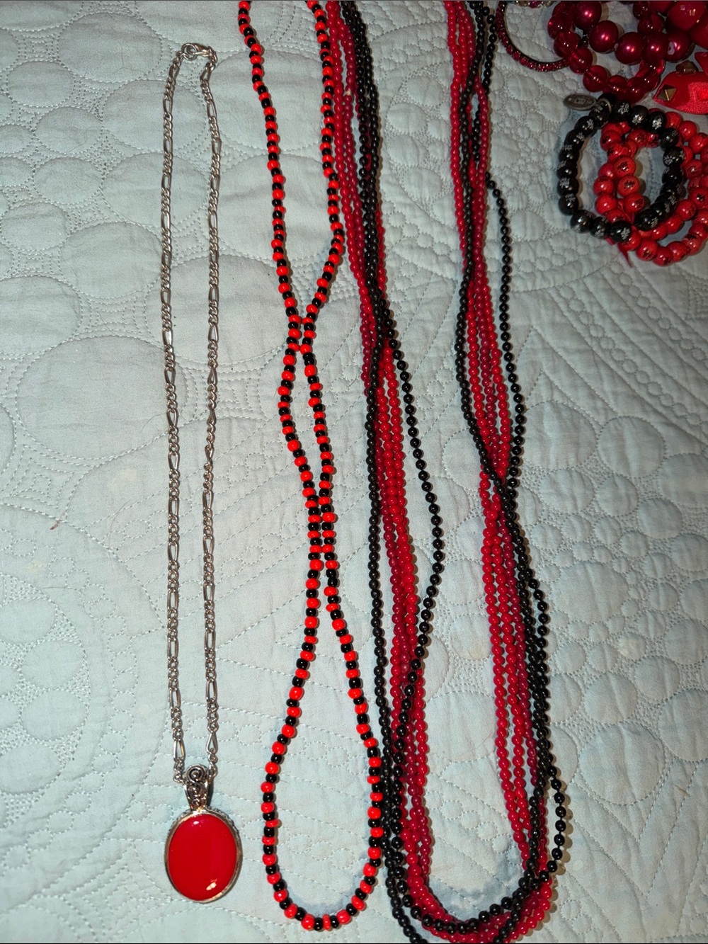Red Beaded Layered Necklace Set with Red Pendant -